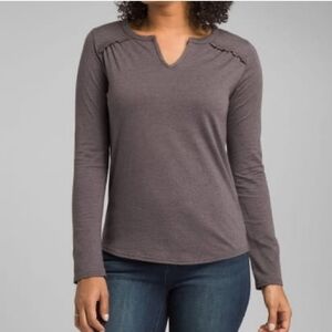 Prana Nitty Split V-Neck Ruffle Detail Long Sleeve Tee Shirt Top Size Small